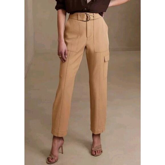 Banana Republic Slim Refined Stretch Cargo Pant Size 10 Beige Belted Tapered Leg - Picture 1 of 16